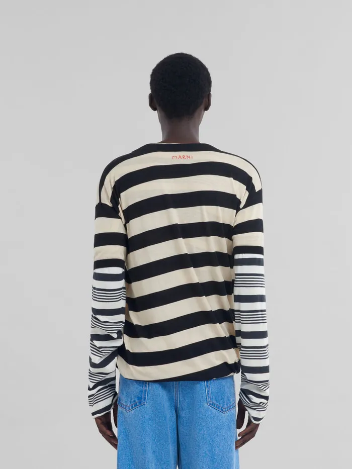 Black And White Layered Cotton Crewneck With Contrast Stripes Men Marni Tops and TShirts