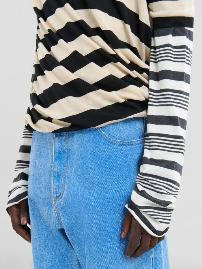 Black And White Layered Cotton Crewneck With Contrast Stripes Men Marni Tops and TShirts