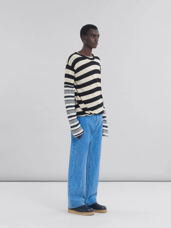 Black And White Layered Cotton Crewneck With Contrast Stripes Men Marni Tops and TShirts