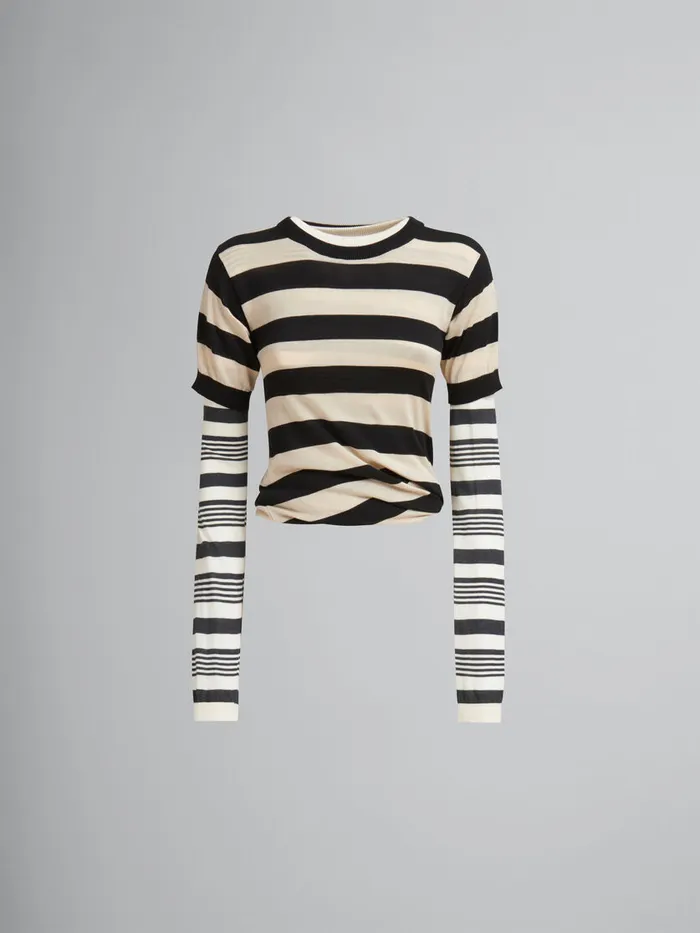 Black And White Layered Cotton Crewneck With Contrast Stripes Women Marni Knitwear