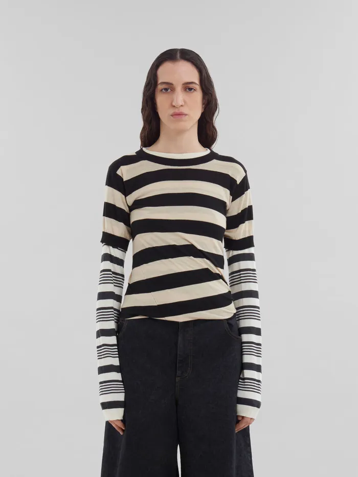Black And White Layered Cotton Crewneck With Contrast Stripes Women Marni Knitwear