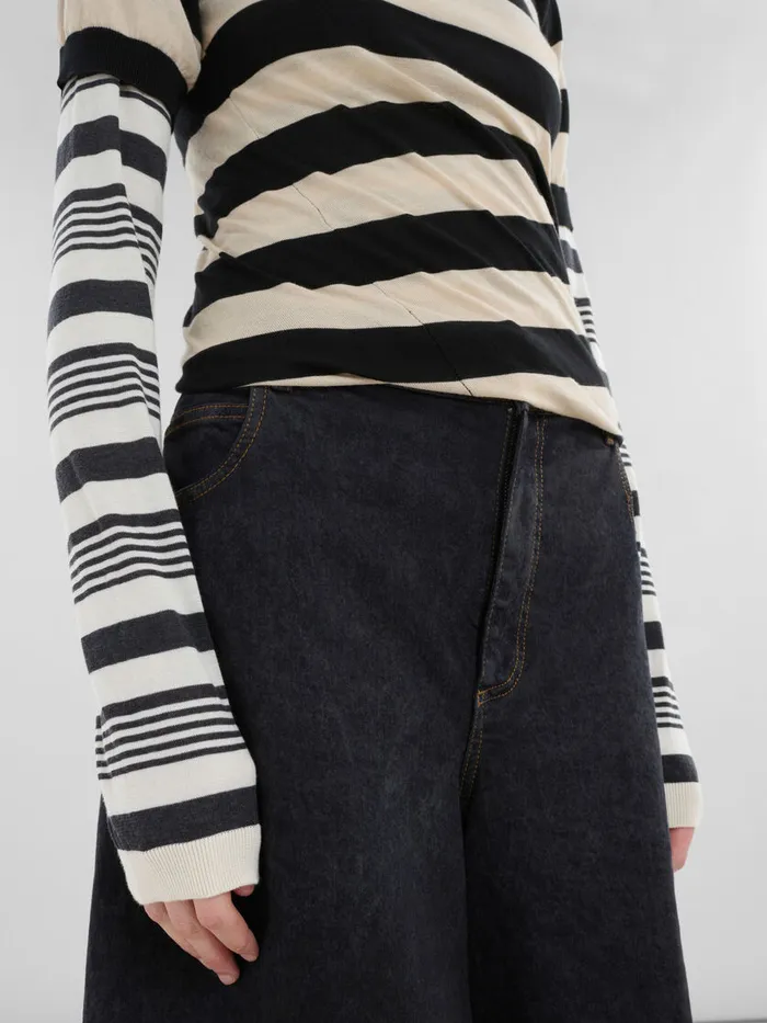 Black And White Layered Cotton Crewneck With Contrast Stripes Women Marni Knitwear