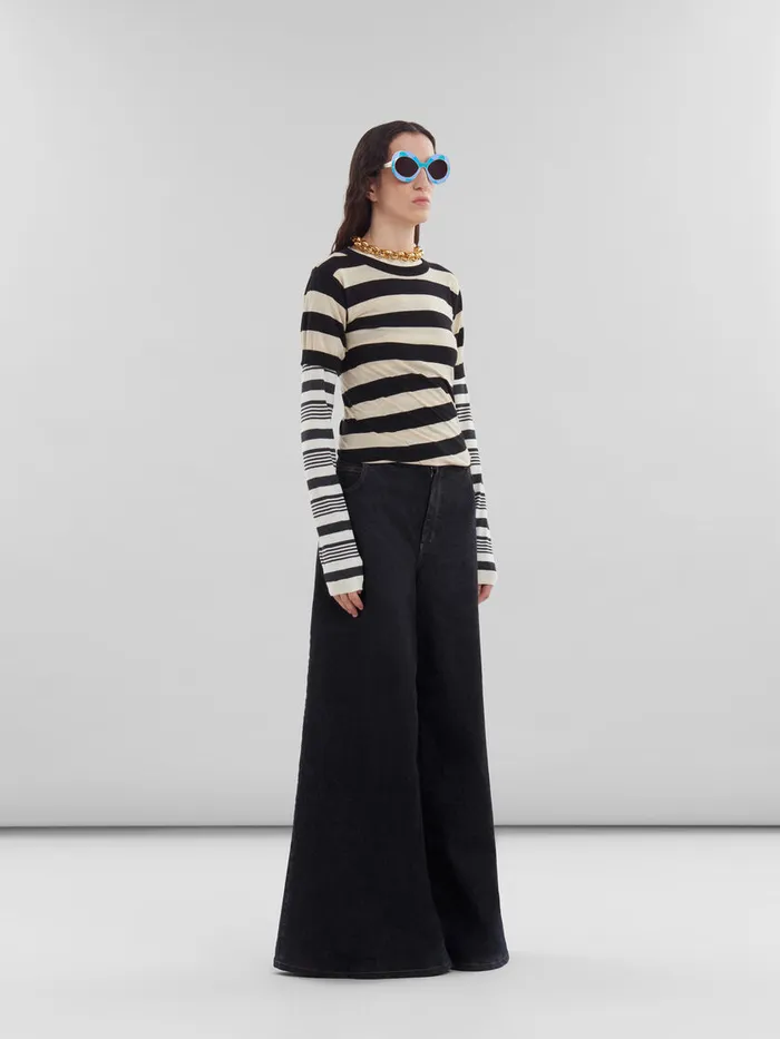 Black And White Layered Cotton Crewneck With Contrast Stripes Women Marni Knitwear