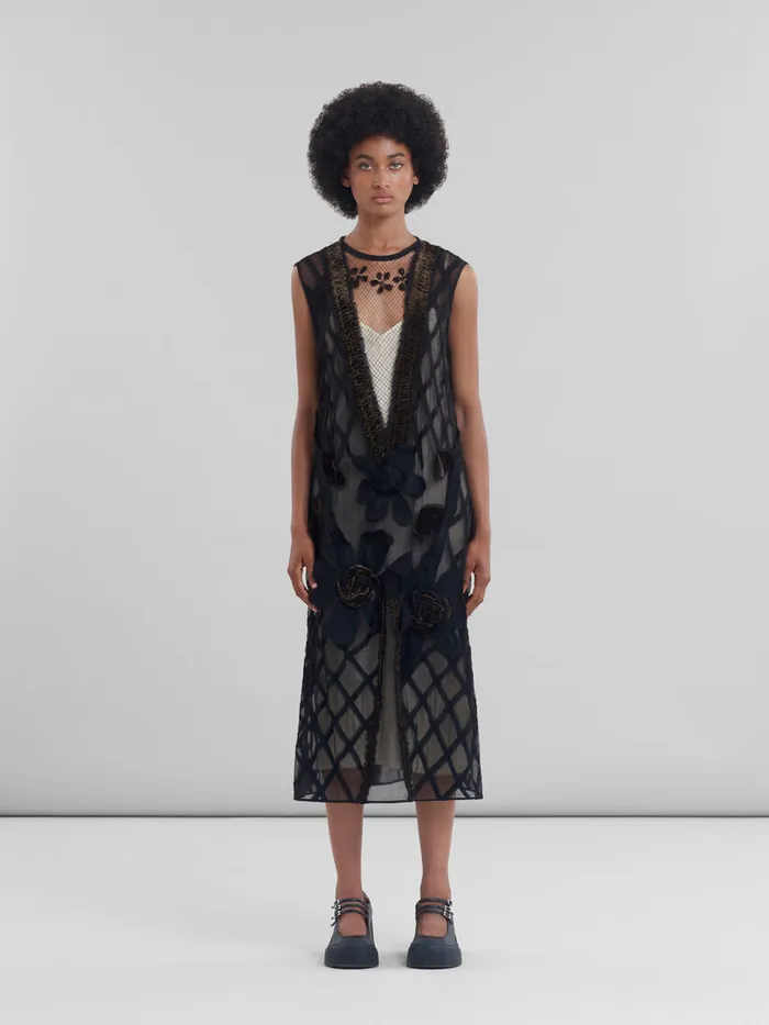 Black Chiffon Dress With Flower Appliqus Women Marni Dresses
