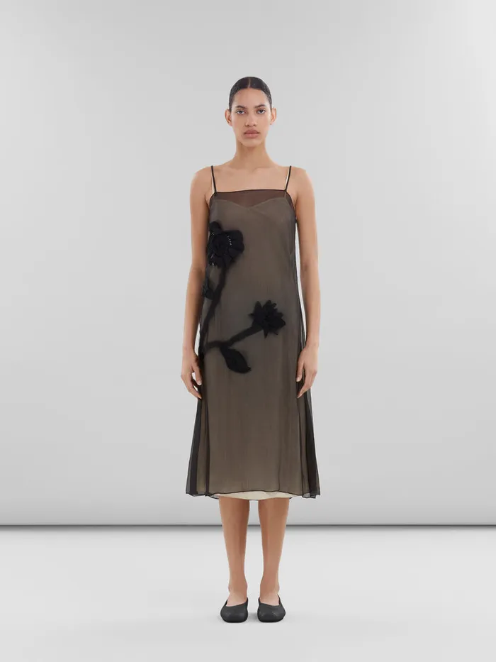 Black Crepon Slip Dress With Flower Appliqus Women Marni Dresses