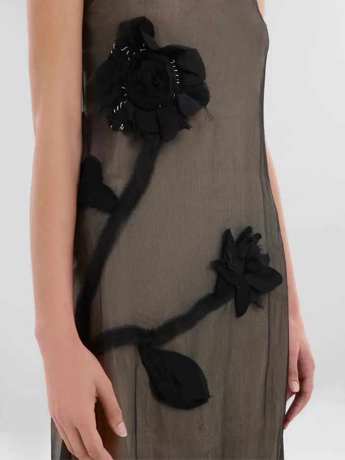 Black Crepon Slip Dress With Flower Appliqus Women Marni Dresses