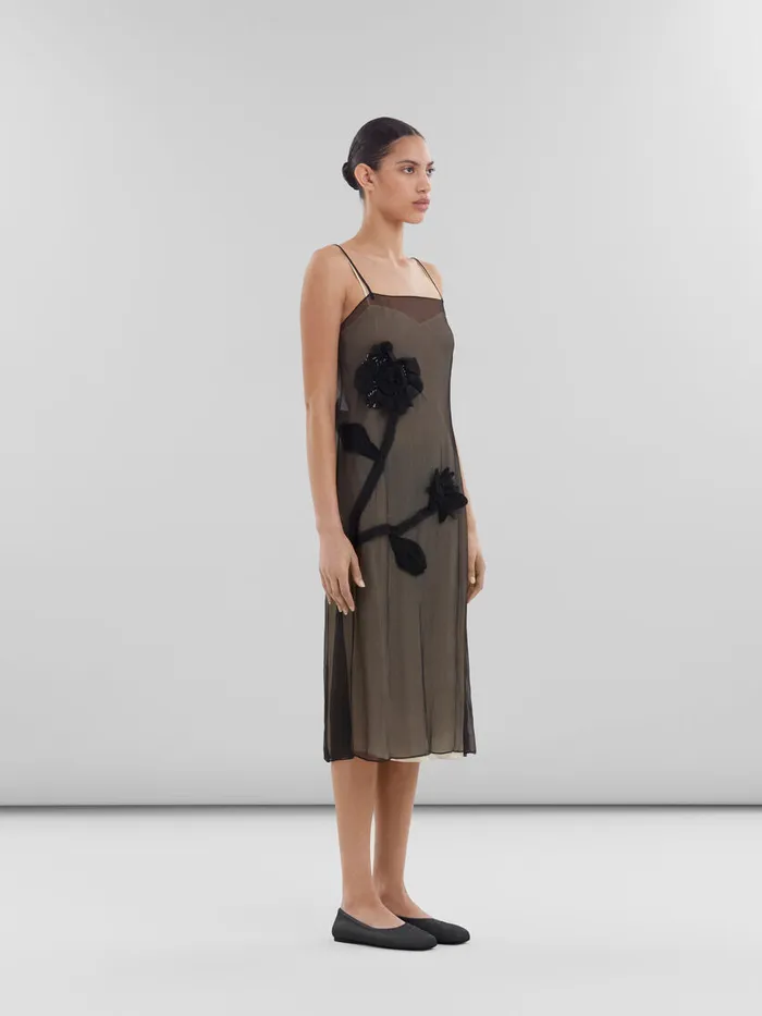 Black Crepon Slip Dress With Flower Appliqus Women Marni Dresses