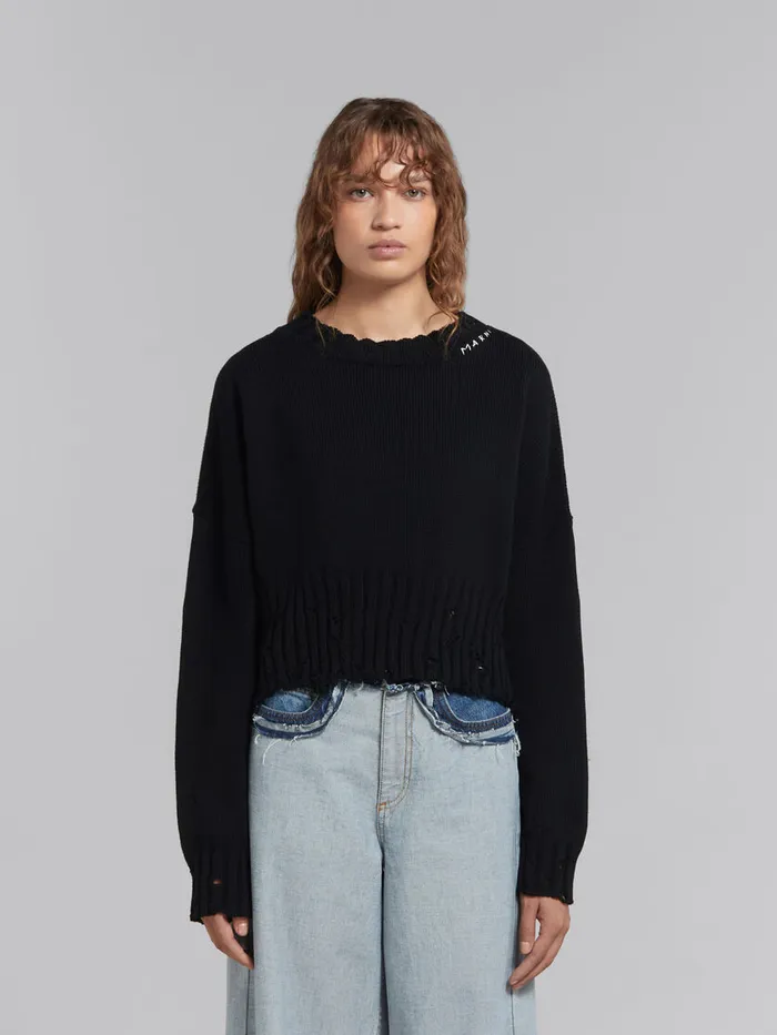 Black Dishevelled Cotton Cropped Jumper Women Marni Knitwear