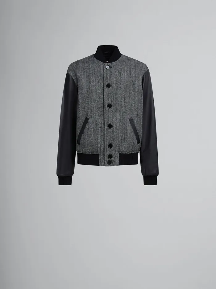 Black Herringbone Wool Jacket With Leather Sleeves Men Marni Coats and Jackets
