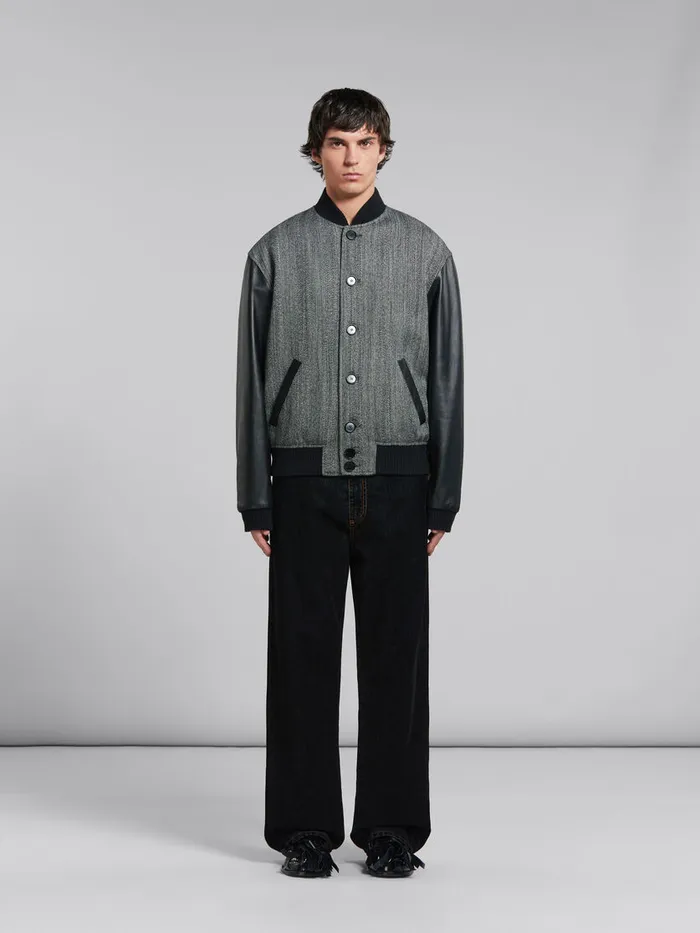 Black Herringbone Wool Jacket With Leather Sleeves Men Marni Coats and Jackets
