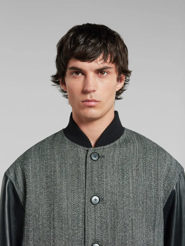 Black Herringbone Wool Jacket With Leather Sleeves Men Marni Coats and Jackets