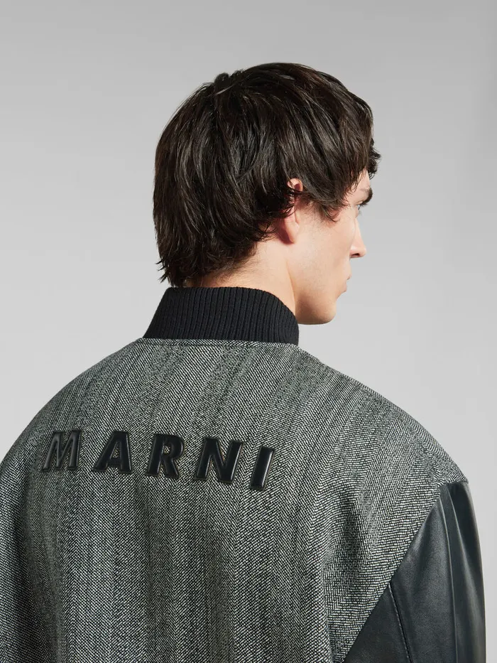 Black Herringbone Wool Jacket With Leather Sleeves Men Marni Coats and Jackets