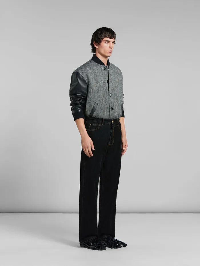 Black Herringbone Wool Jacket With Leather Sleeves Men Marni Coats and Jackets