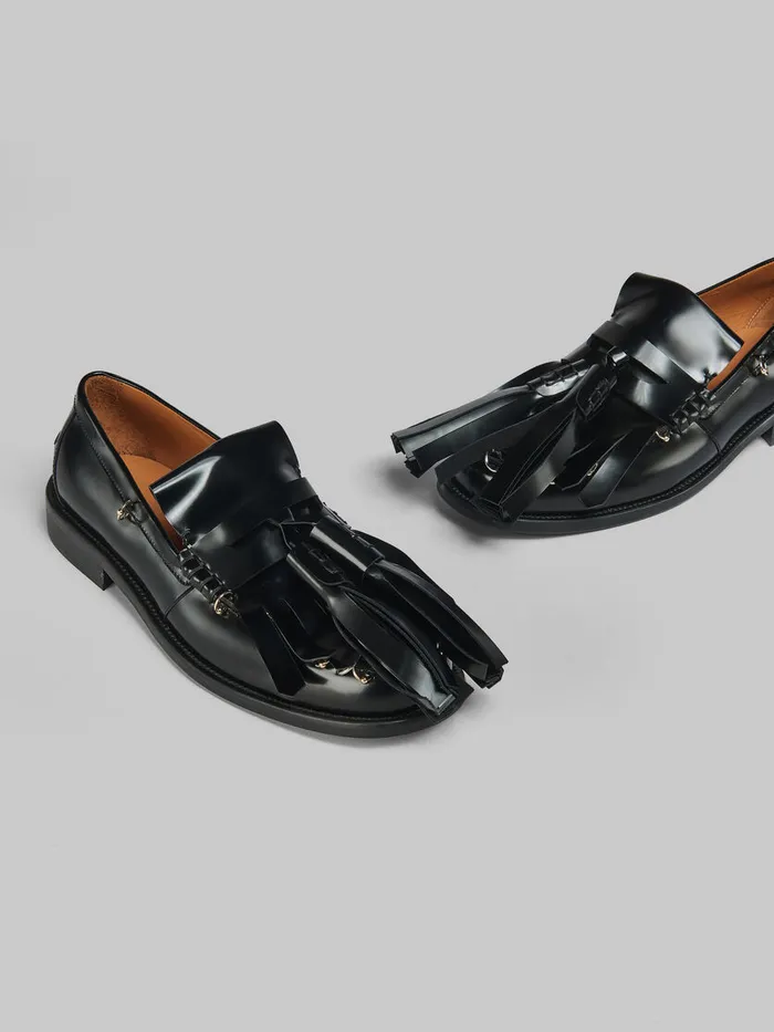 Black Leather Bambi Loafer With Maxi Tassels Men Marni Lace Up and Loafers