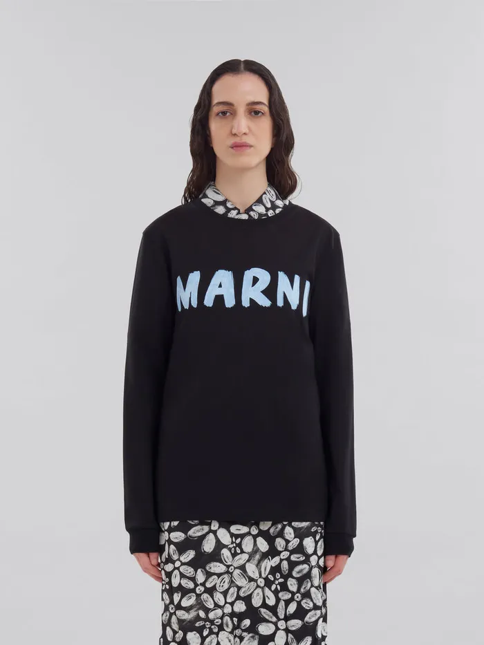 Black Organic Cotton Tshirt With Logo Women Marni Tops and TShirts