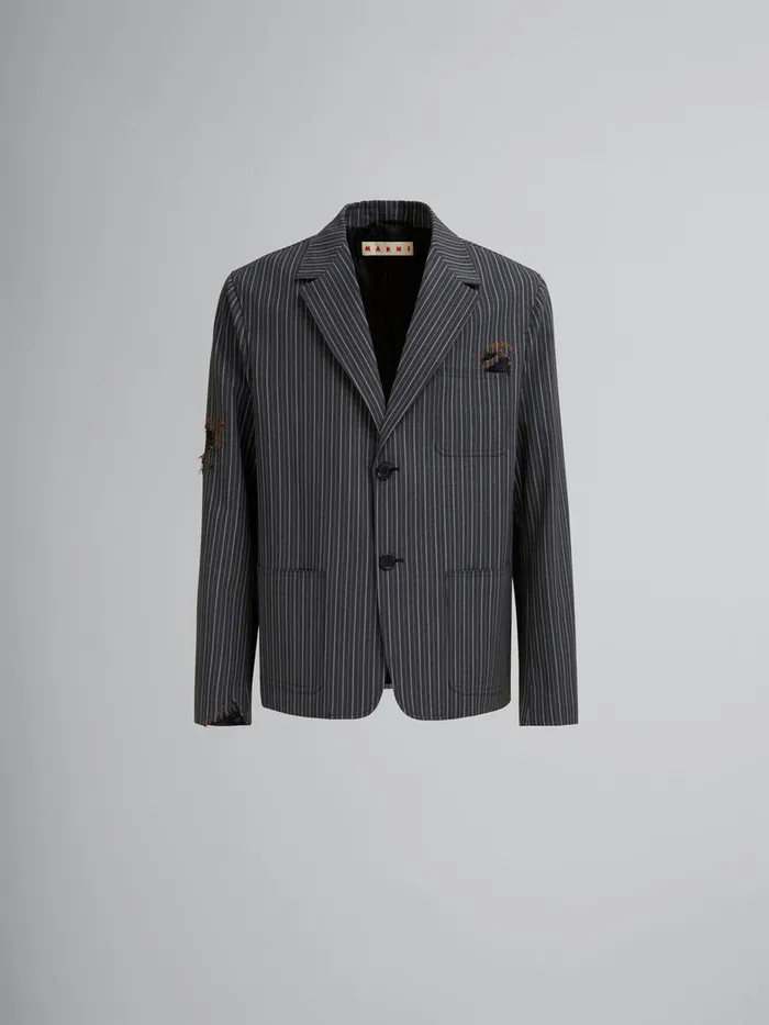 Black Pinstripe Wool Blazer With Marni Mending Embroidery Men Marni Coats and Jackets Black Pinstripe Wool Blazer With Marni Mending Embroidery Men Marni Coats and Jackets