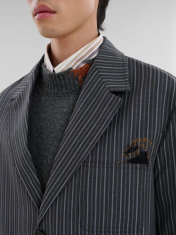 Black Pinstripe Wool Blazer With Marni Mending Embroidery Men Marni Coats and Jackets