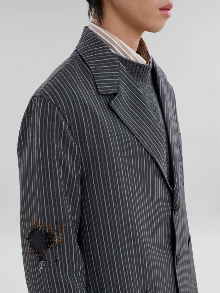 Black Pinstripe Wool Blazer With Marni Mending Embroidery Men Marni Coats and Jackets