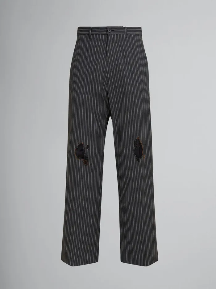 Black Pinstripe Wool Trousers With Marni Mending Embroidery Men Marni Pants