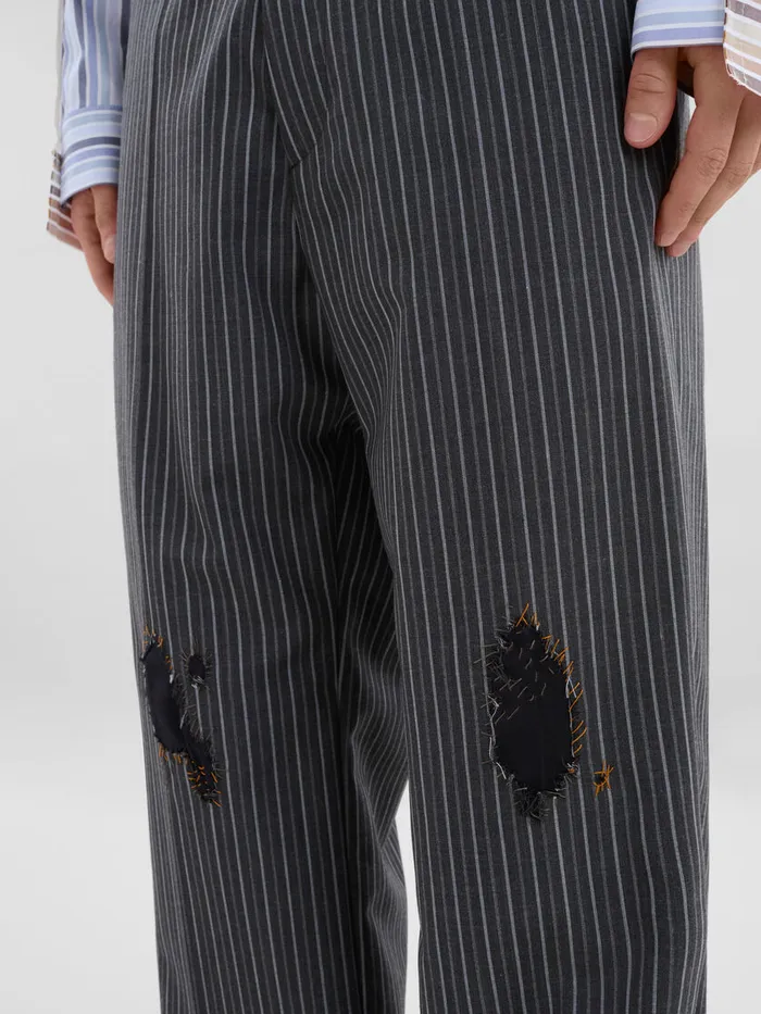 Black Pinstripe Wool Trousers With Marni Mending Embroidery Men Marni Pants