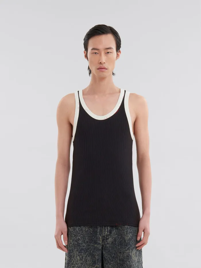 Black Ribbed Cotton Tank Top With Marni Mending Men Marni Tops and TShirts