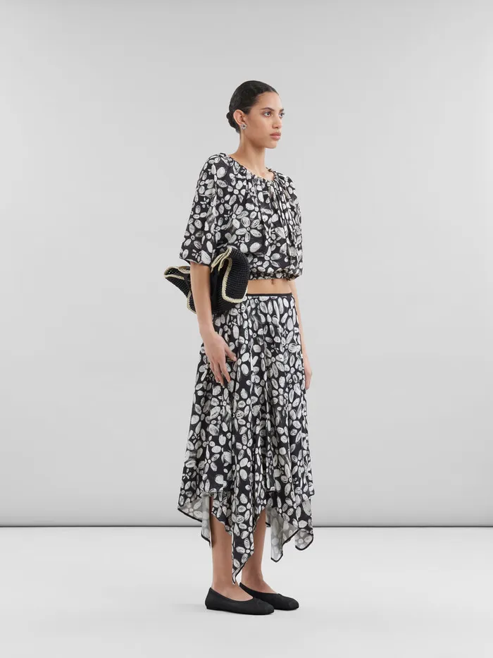 Black Satinback Crpe Midi Skirt With Blooming Print Women Marni Skirts