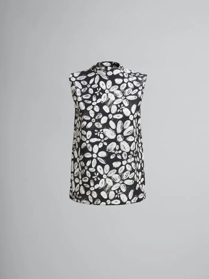 Black Satinback Crpe Sleeveless Top With Blooming Print Women Marni Tops and TShirts