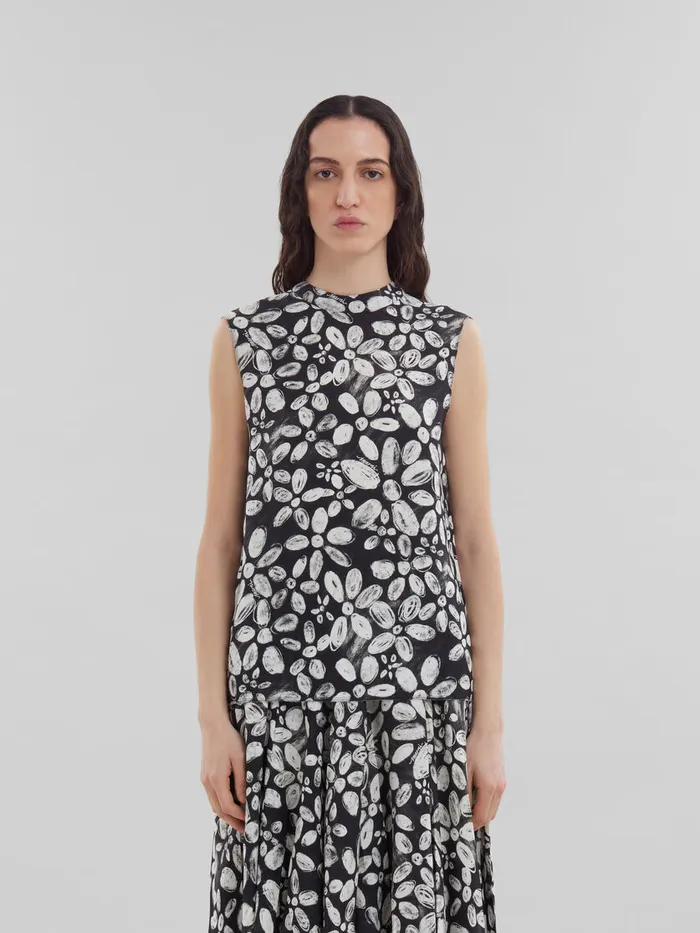 Black Satinback Crpe Sleeveless Top With Blooming Print Women Marni Tops and TShirts