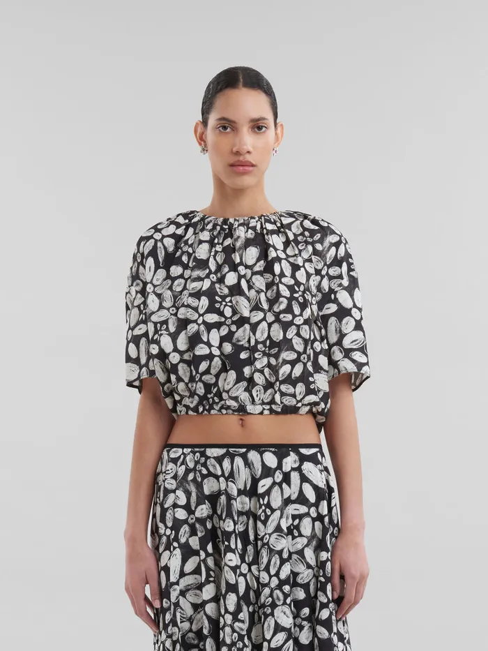 Black Satinback Crpe Top With Blooming Print Women Marni Tops and TShirts
