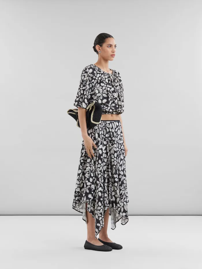 Black Satinback Crpe Top With Blooming Print Women Marni Tops and TShirts