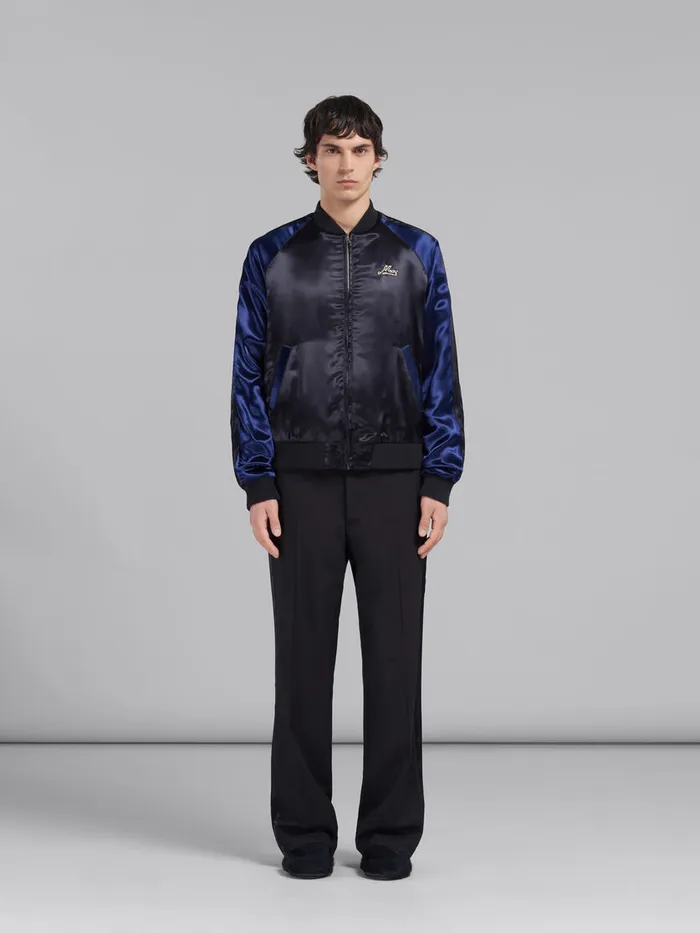 Black Satin Bomber With Beaded Logos Men Marni Coats and Jackets