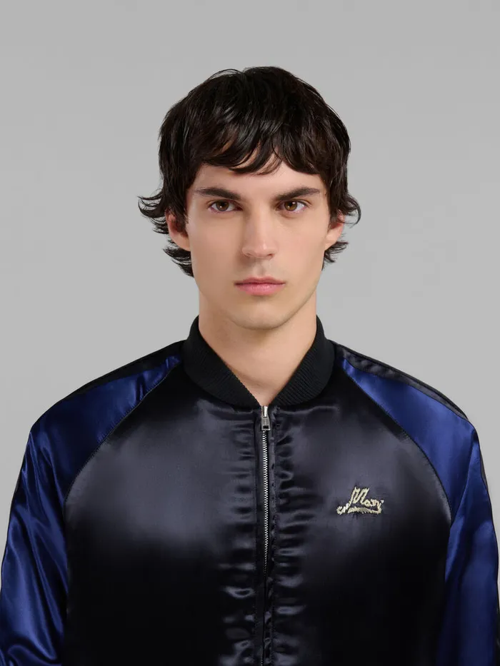 Black Satin Bomber With Beaded Logos Men Marni Coats and Jackets