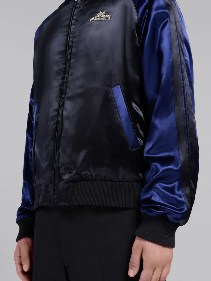 Black Satin Bomber With Beaded Logos Men Marni Coats and Jackets