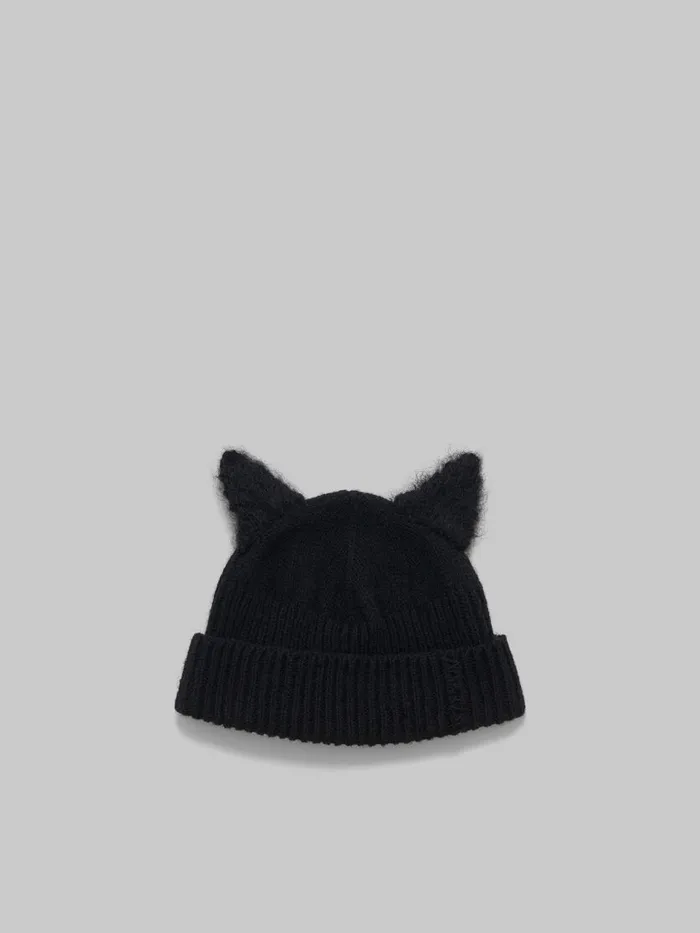 Black Wool Beanie With Mohair Ears Men Marni Hats