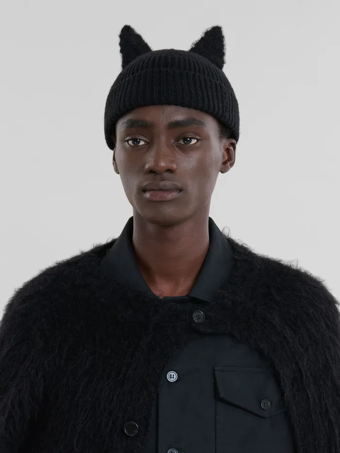 Black Wool Beanie With Mohair Ears Men Marni Hats