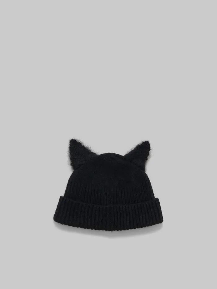 Black Wool Beanie With Mohair Ears Men Marni Hats
