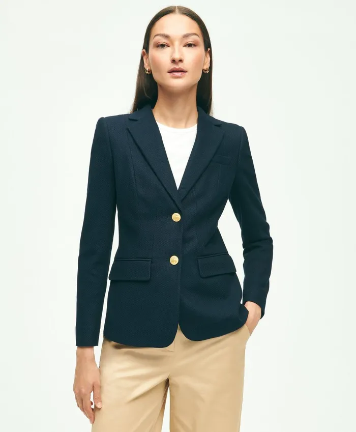 Blazers Women Brooks Brothers Cotton Pique Structured 2Button Knit Blazer Navy