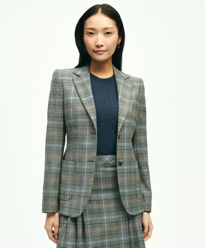 Blazers Women Brooks Brothers Stretch Wool Prince Of Wales Jacket Grey Multi