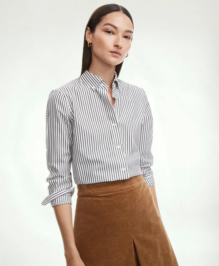 Blouses andamp Shirts Women Brooks Brothers Classic Fit Stretch Supima Cotton NonIron Bengal Stripe Dress Shirt Black