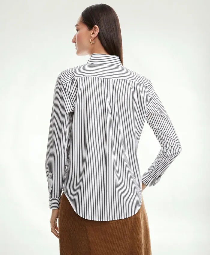 Blouses andamp Shirts Women Brooks Brothers Classic Fit Stretch Supima Cotton NonIron Bengal Stripe Dress Shirt Black