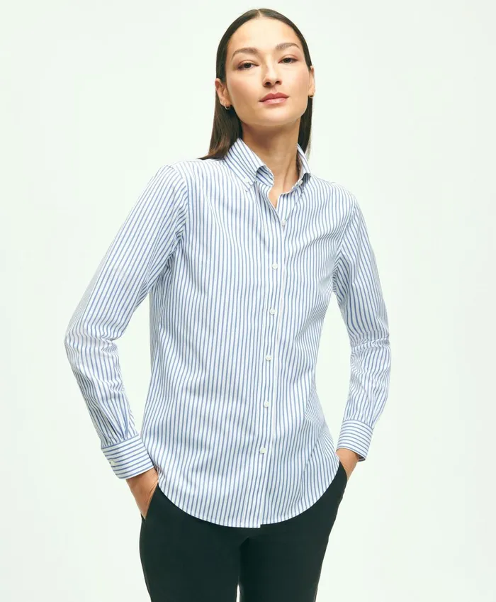 Blouses andamp Shirts Women Brooks Brothers Classic Fit Stretch Supima Cotton NonIron Bengal Stripe Dress Shirt Blue