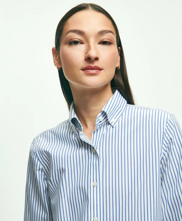 Blouses andamp Shirts Women Brooks Brothers Classic Fit Stretch Supima Cotton NonIron Bengal Stripe Dress Shirt Blue