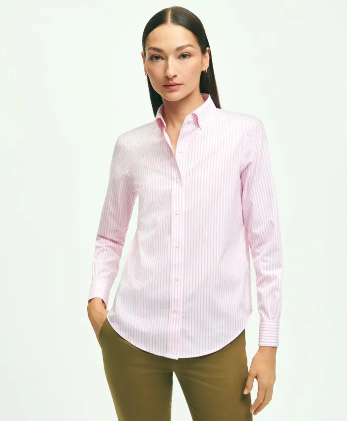 Blouses andamp Shirts Women Brooks Brothers Classic Fit Stretch Supima Cotton NonIron Bengal Stripe Dress Shirt Pink