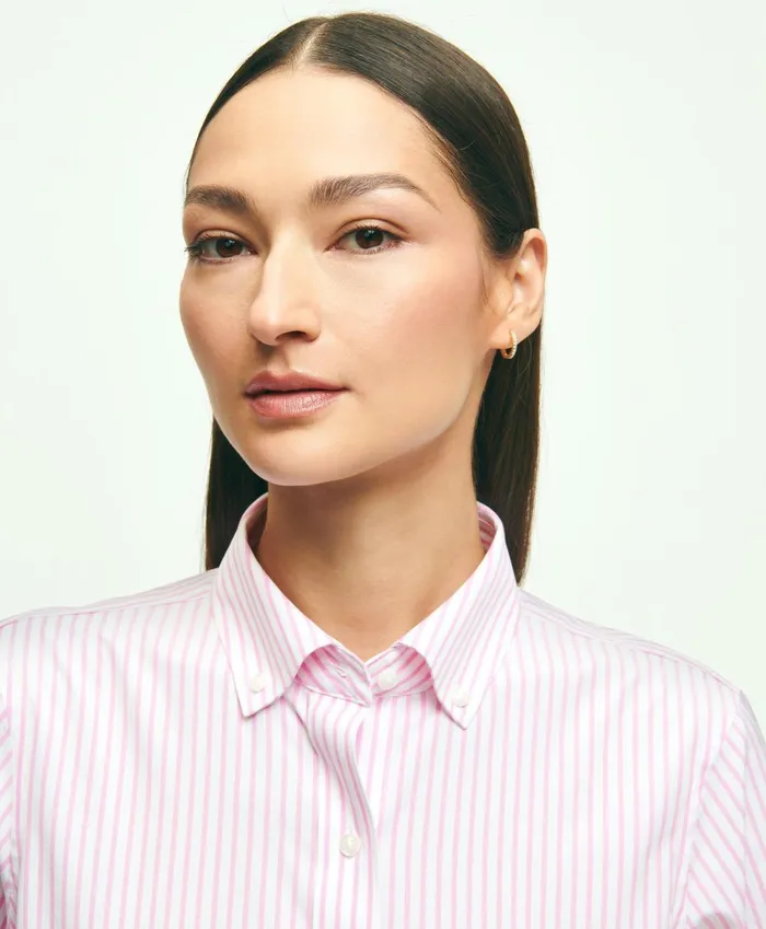 Blouses andamp Shirts Women Brooks Brothers Classic Fit Stretch Supima Cotton NonIron Bengal Stripe Dress Shirt Pink