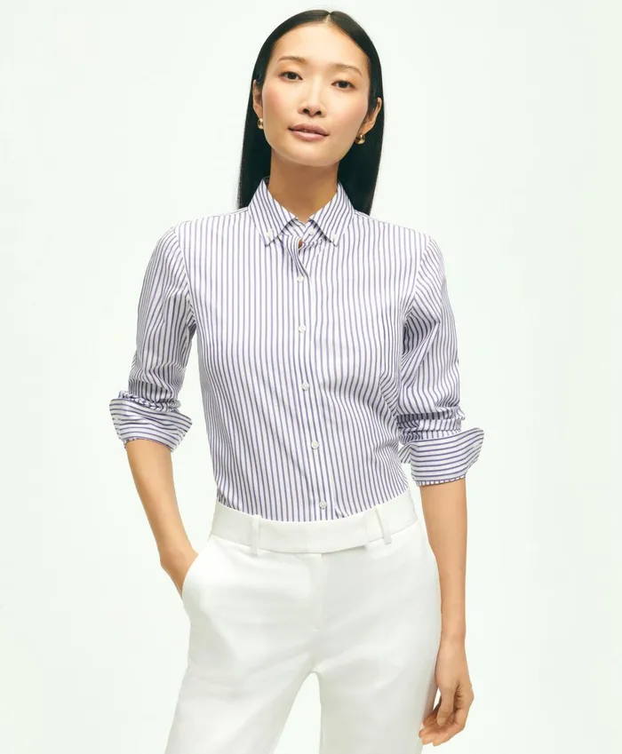 Blouses andamp Shirts Women Brooks Brothers Classic Fit Stretch Supima Cotton NonIron Bengal Stripe Dress Shirt Violet