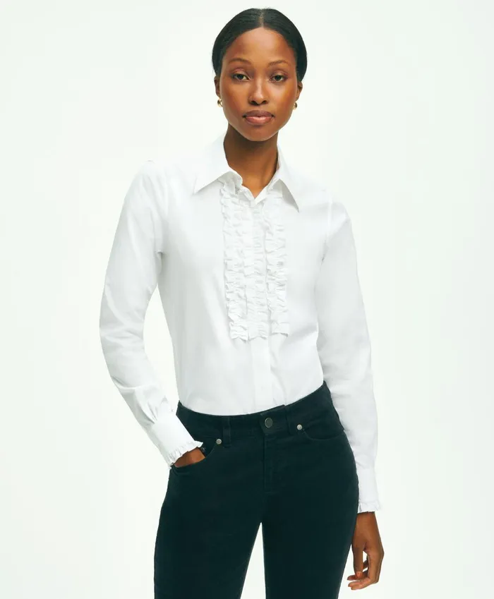 Blouses andamp Shirts Women Brooks Brothers Classic Fit Stretch Supima Cotton NonIron Tuxedo Blouse White