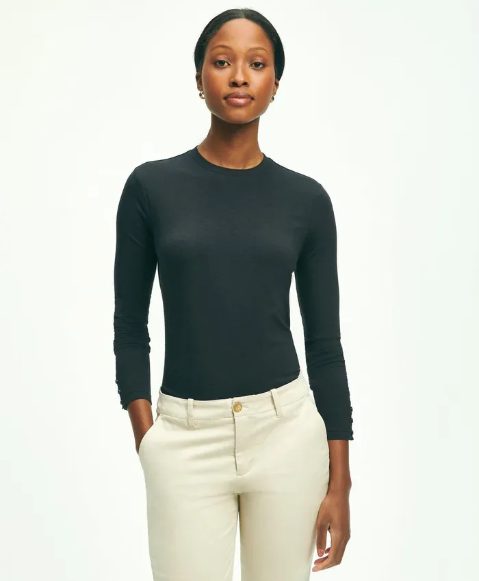 Blouses andamp Shirts Women Brooks Brothers Cotton Long Sleeved Crewneck Top Black