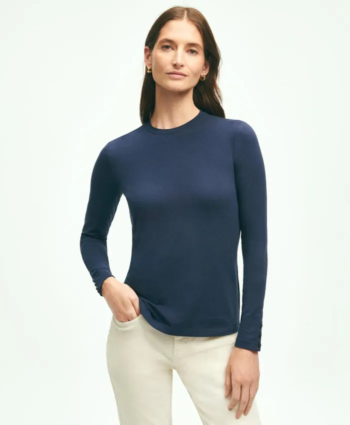 Blouses andamp Shirts Women Brooks Brothers Cotton Long Sleeved Crewneck Top Navy