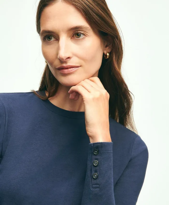 Blouses andamp Shirts Women Brooks Brothers Cotton Long Sleeved Crewneck Top Navy