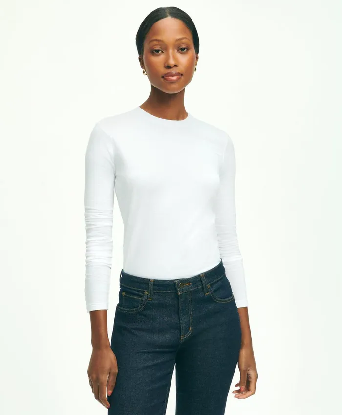 Blouses andamp Shirts Women Brooks Brothers Cotton Long Sleeved Crewneck Top White